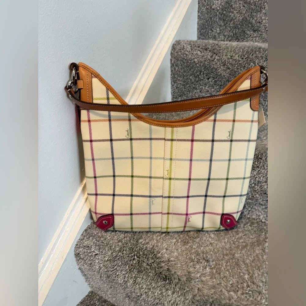 Coach Heritage Stripe Tattersall Plaid Hobo Shoulder Bag